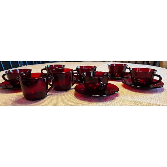 Ruby Red 14-Piece Coffee Set Anchor Hocking Cups Saucers Creamer Open Sugar Bowl - Picture 2 of 10